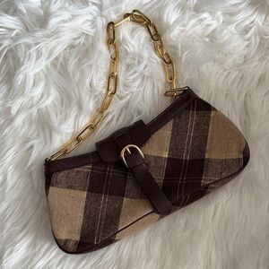 Plaid Brown Clutch with Gold Chain Strap